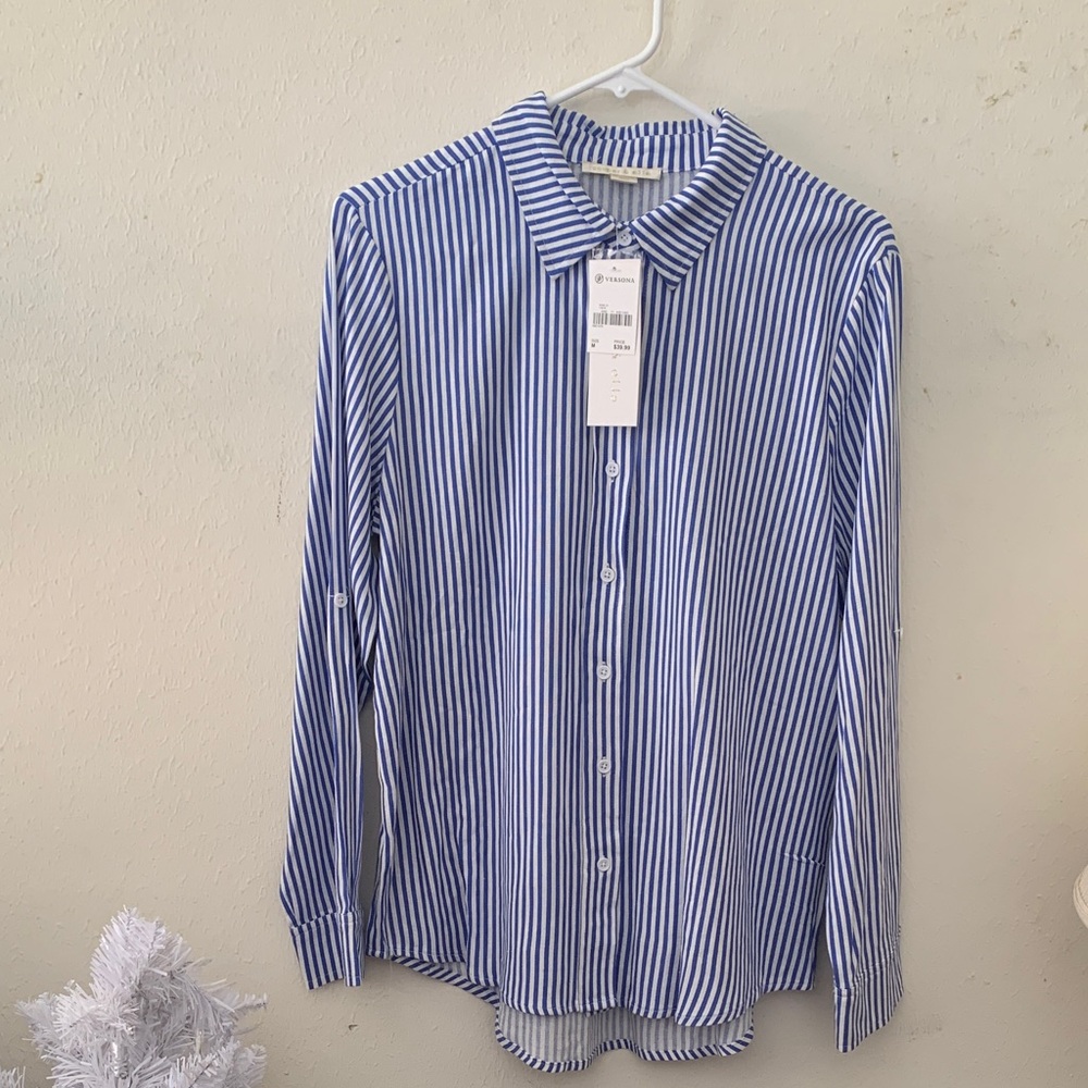 Cooper & Ella Blue and White Striped Button-Down Shirt